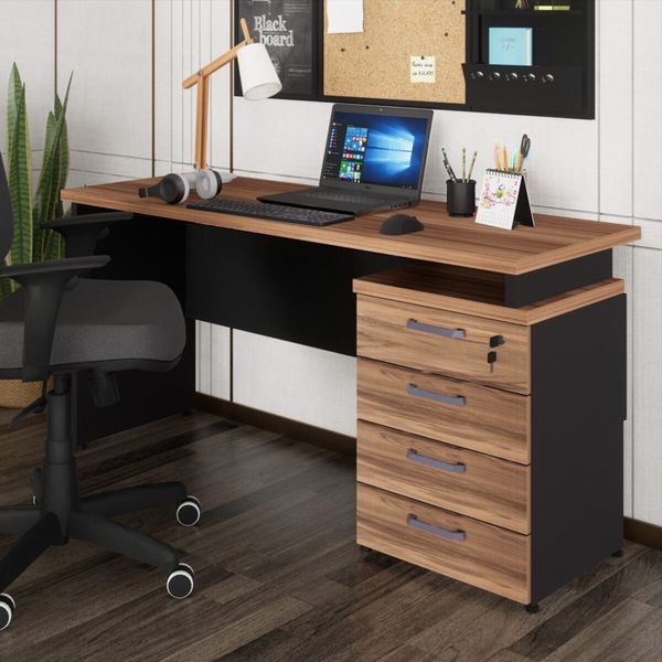 Escrivaninha Mesa Escritório 150cm 4 Gavetas Flex Multimóveis CR25317 Sevilha/Preto
