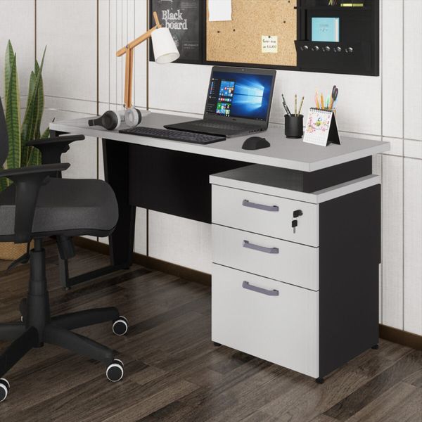 Escrivaninha Mesa Escritório 135cm 3 Gavetas Flex Multimóveis CR25321 Cinza/Preto