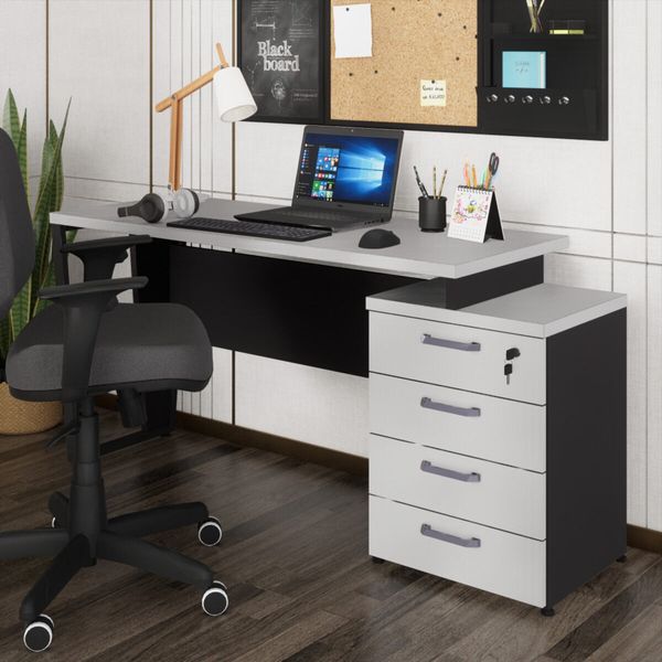 Escrivaninha Mesa Escritório Extensível 135cm 4 Gavetas Flex Multimóveis CR25324 Cinza/Preto
