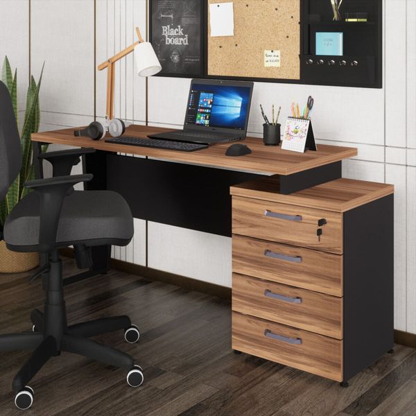 Escrivaninha Mesa Escritório Extensível 135cm 4 Gavetas Flex Multimóveis CR25324 Sevilha/Preto