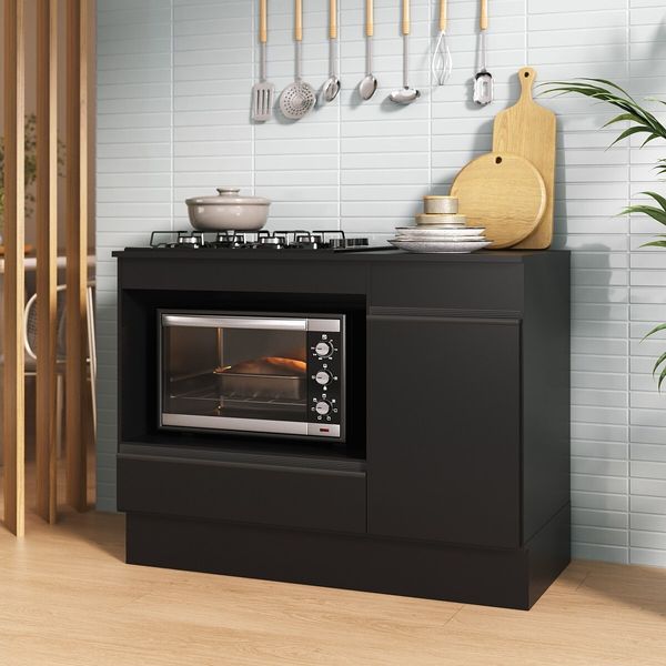 Balcão Cozinha para Cooktop e Forno 105cm 1 Porta 1 Gaveta com Rodapé Veneza Multimóveis MP2295 Preto