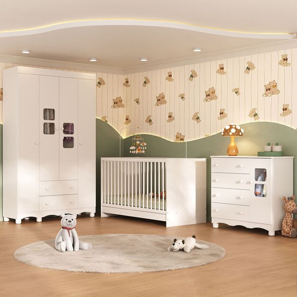 Quarto de Bebê Completo com Berço 3 em 1 para Colchão 130x60cm Luna Multimóveis MP4520 Branco