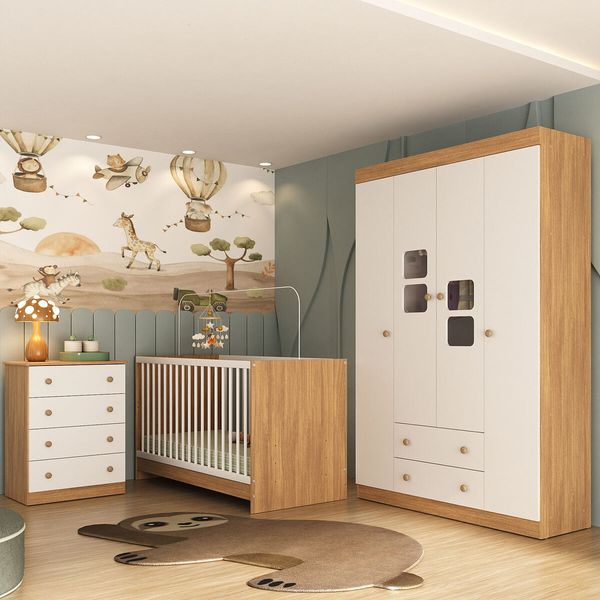 Quarto de Bebê Completo com Berço 3 em 1 para Colchão 130x60cm Brisa Multimóveis MP4521 Madeirado/Branco