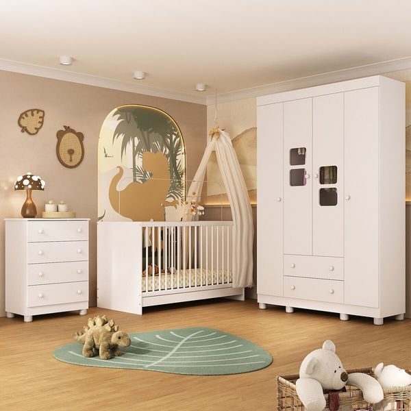 Quarto de Bebê Completo com Berço 3 em 1 para Colchão 130x60cm Sol Multimóveis MP4522 Branco