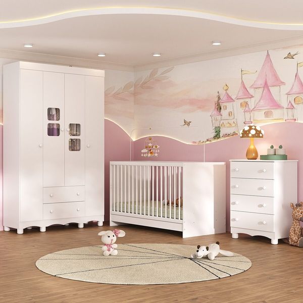 Quarto de Bebê Completo com Berço 3 em 1 para Colchão 130x60cm Luna Multimóveis MP4524 Branco
