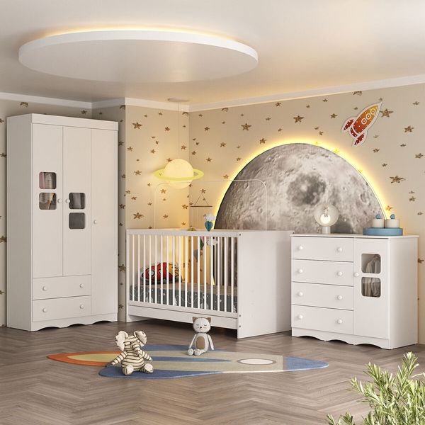 Quarto de Bebê Completo com Berço 3 em 1 para Colchão 130x60cm Serena Multimóveis MP4527 Branco