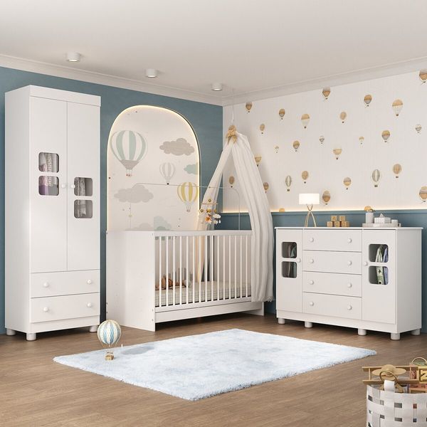 Quarto de Bebê Completo com Berço 3 em 1 para Colchão 130x60cm Sol Multimóveis MP4530 Branco