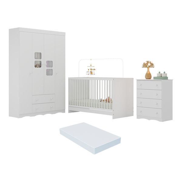 Quarto de Bebê Completo com Berço 3 em 1 com Colchão Incluso Serena Multimóveis MP4539 Branco