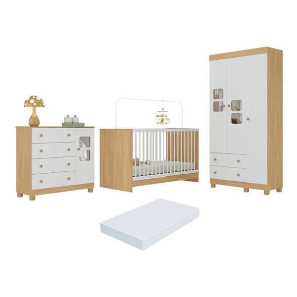 Quarto de Bebê Completo com Berço 3 em 1 com Colchão Incluso Sol Multimóveis MP4542 Madeirado/Branco