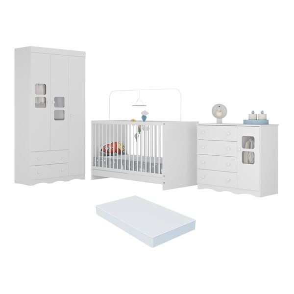 Quarto de Bebê Completo com Berço 3 em 1 com Colchão Incluso Serena Multimóveis MP4543 Branco