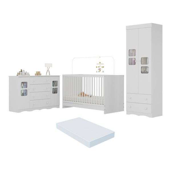Quarto de Bebê Completo com Berço 3 em 1 com Colchão Incluso Serena Multimóveis MP4547 Branco