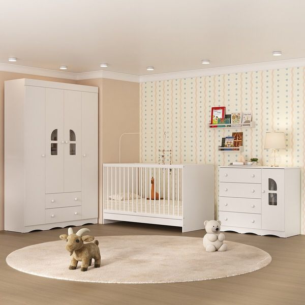 Quarto de Bebê Completo com Berço 3 em 1 para Colchão 130x60cm Liz Multimóveis MP4551 Branco