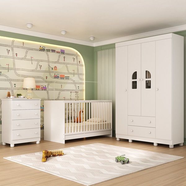 Quarto de Bebê Completo com Berço 3 em 1 para Colchão 130x60cm Nina Multimóveis MP4554 Branco
