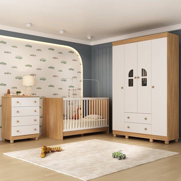 Quarto de Bebê Completo com Berço 3 em 1 para Colchão 130x60cm Nina Multimóveis MP4554 Madeirado/Branco