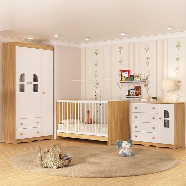 Quarto de Bebê Completo com Berço 3 em 1 para Colchão 130x60cm Liz Multimóveis MP4559 Madeirado/Branco
