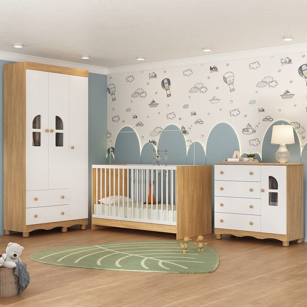 Quarto de Bebê Completo com Berço 3 em 1 para Colchão 130x60cm Aurora Multimóveis MP4560 Madeirado/Branco