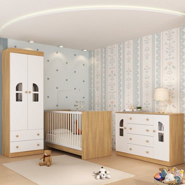 Quarto de Bebê Completo com Berço 3 em 1 para Colchão 130x60cm Amora Multimóveis MP4561 Madeirado/Branco