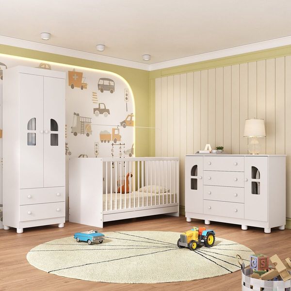 Quarto de Bebê Completo com Berço 3 em 1 para Colchão 130x60cm Nina Multimóveis MP4562 Branco
