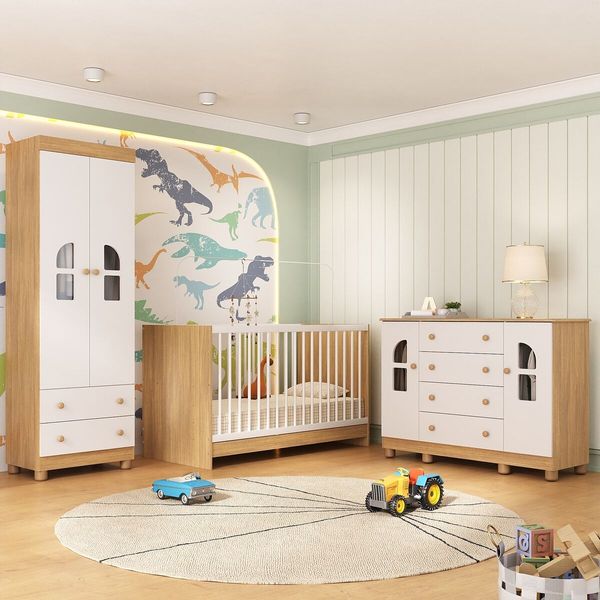 Quarto de Bebê Completo com Berço 3 em 1 para Colchão 130x60cm Nina Multimóveis MP4562 Madeirado/Branco