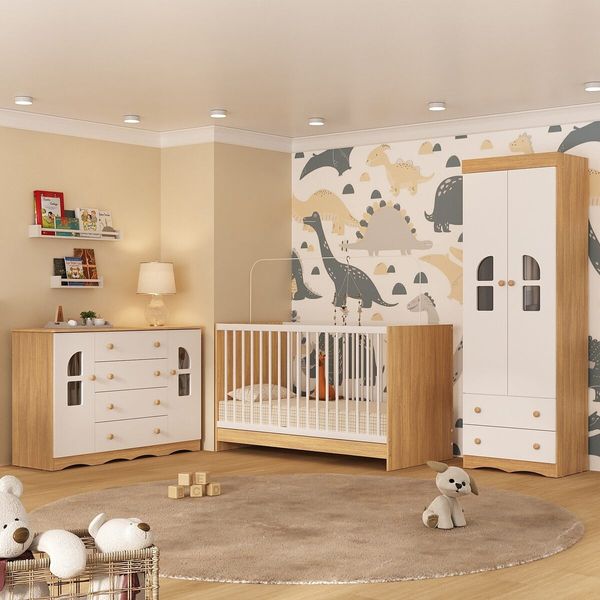Quarto de Bebê Completo com Berço 3 em 1 para Colchão 130x60cm Liz Multimóveis MP4563 Madeirado/Branco