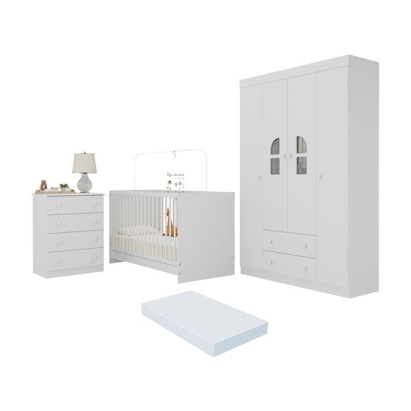 Quarto de Bebê Completo com Berço 3 em 1 com Colchão Incluso Amora Multimóveis MP4569 Branco