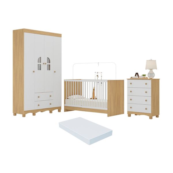 Quarto de Bebê Completo com Berço 3 em 1 com Colchão Incluso Aurora Multimóveis MP4572 Madeirado/Branco