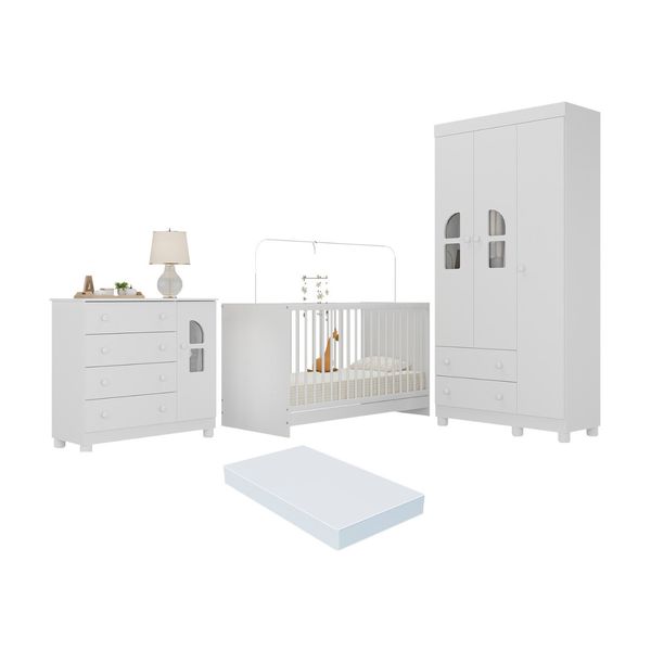 Quarto de Bebê Completo com Berço 3 em 1 com Colchão Incluso Nina Multimóveis MP4574 Branco