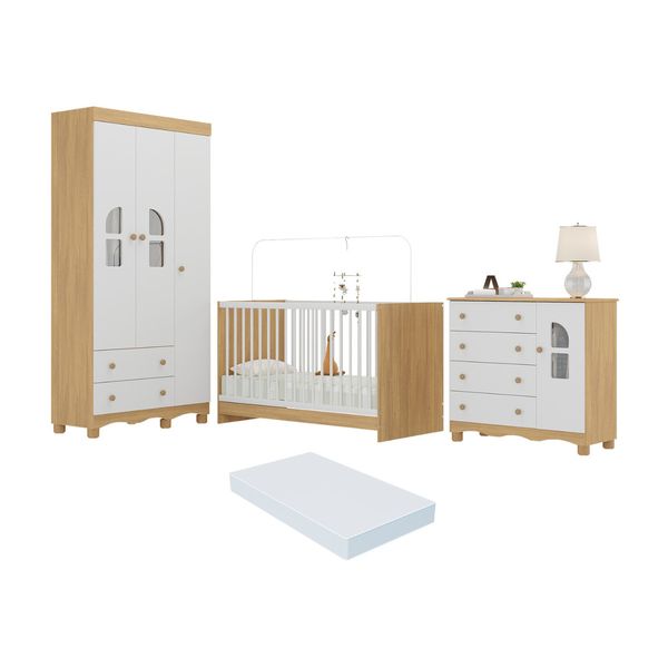 Quarto de Bebê Completo com Berço 3 em 1 com Colchão Incluso Aurora Multimóveis MP4576 Madeirado/Branco