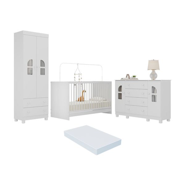 Quarto de Bebê Completo com Berço 3 em 1 com Colchão Incluso Nina Multimóveis MP4578 Branco