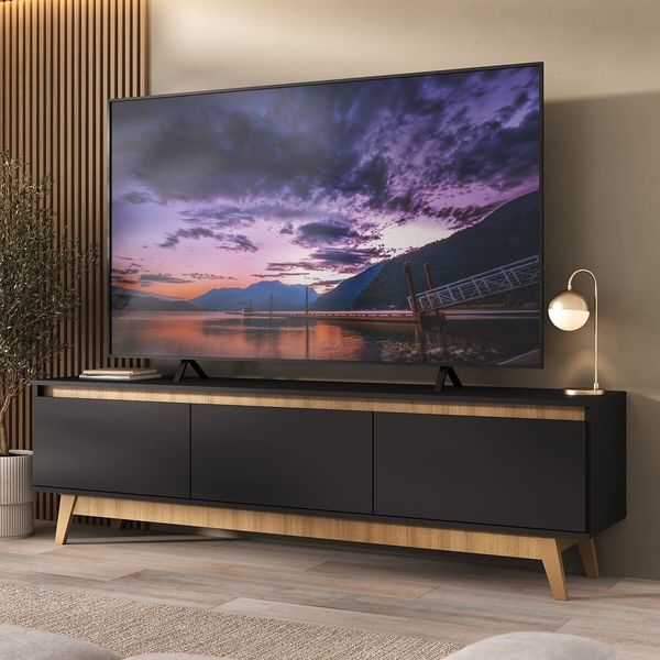 Rack para TV até 75 Polegadas 180cm 3 Portas Retrô Multimóveis MP1102 Preto/Madeirado