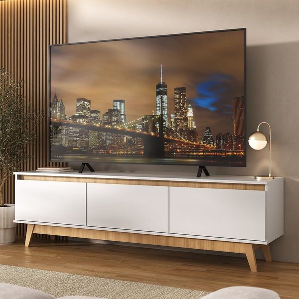 Rack para TV até 75 Polegadas 180cm 3 Portas Retrô Multimóveis MP1102 Branco/Madeirado