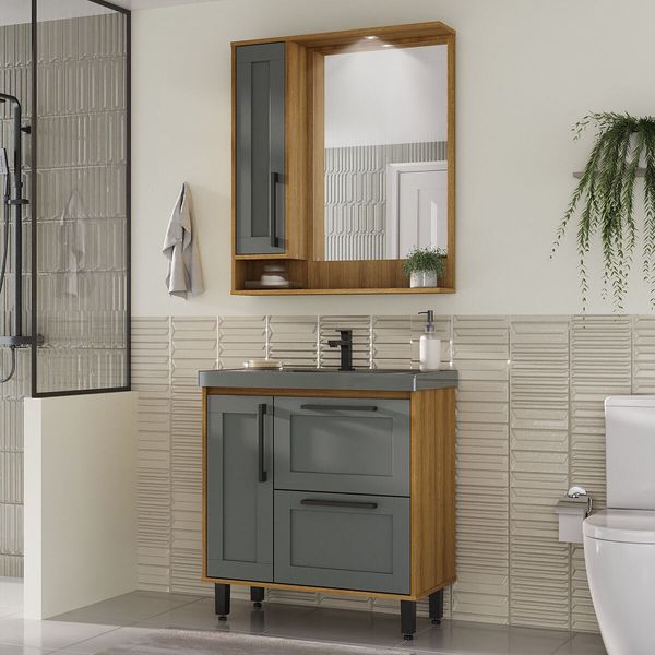 Gabinete de Banheiro com Cuba e Espelheira com LED 80cm Multimóveis CR10140 Lâmina Mel/Grafite