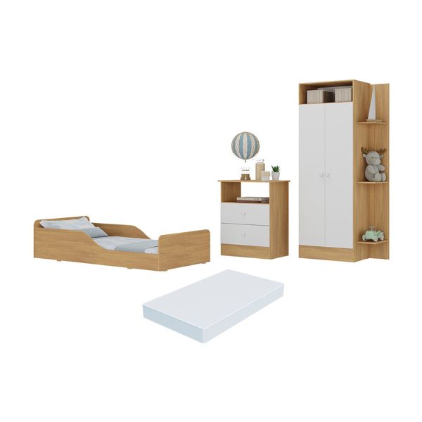 Quarto Infantil Completo com Minicama Montessoriana com Colchão Incluso Multimóveis MP4682 Madeirado/Branco