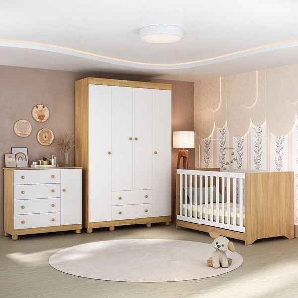 Quarto de Bebê Completo com Berço Americano 3 em 1 Allegra Multimóveis MP4582 Madeirado/Branco