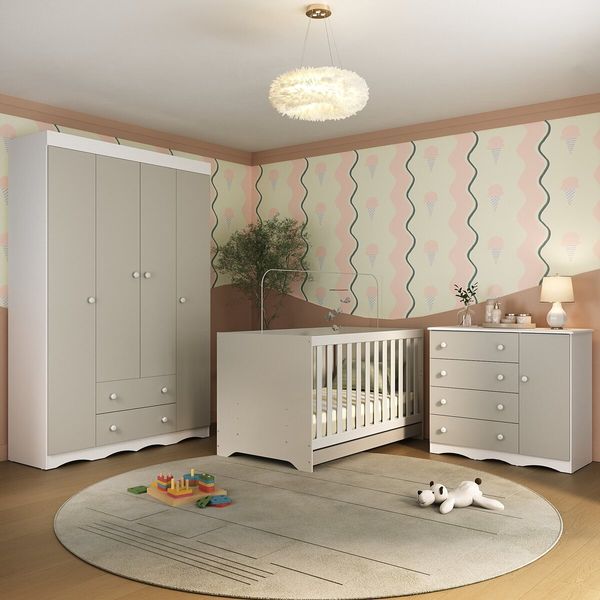 Quarto de Bebê Completo com Berço Americano 3 em 1 Realeza Multimóveis MP4583 Branco/Off White