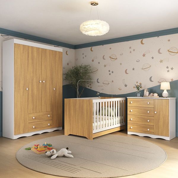 Quarto de Bebê Completo com Berço Americano 3 em 1 Realeza Multimóveis MP4583 Branco/Madeirado