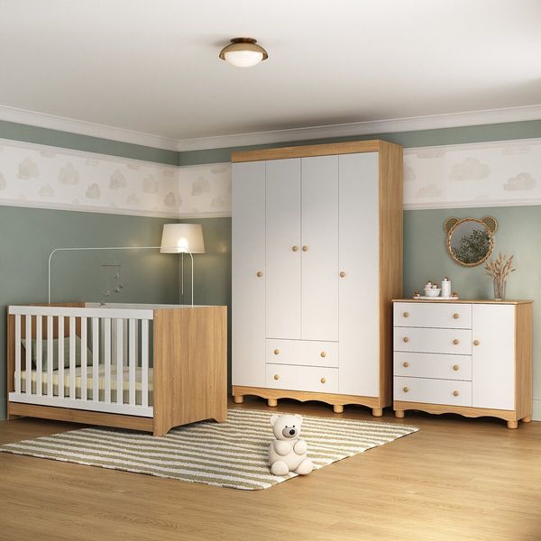 Quarto de Bebê Completo com Berço Americano 3 em 1 Dengo Multimóveis MP4584 Madeirado/Branco