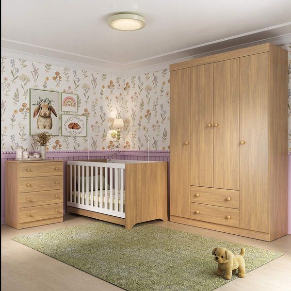 Quarto de Bebê Completo com Berço Americano 3 em 1 Encanto Multimóveis MP4585 Madeirado