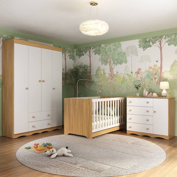 Quarto de Bebê Completo com Berço Americano 3 em 1 Realeza Multimóveis MP4583 Madeirado/Branco