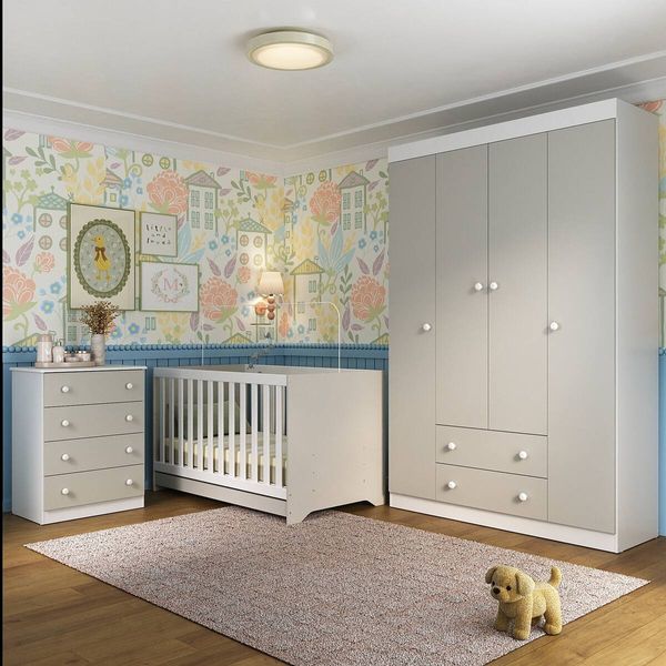 Quarto de Bebê Completo com Berço Americano 3 em 1 Encanto Multimóveis MP4585 Branco/Off White