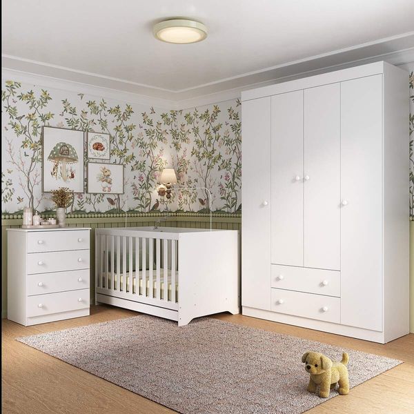 Quarto de Bebê Completo com Berço Americano 3 em 1 Encanto Multimóveis MP4585 Branco
