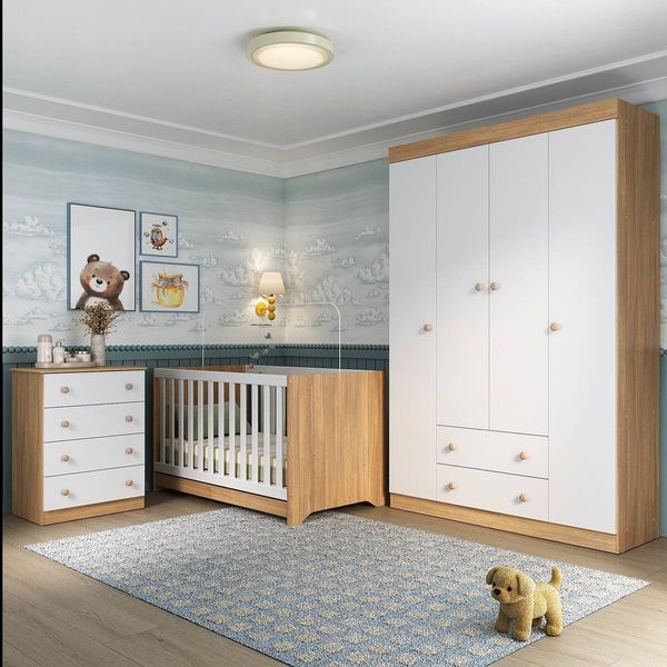 Quarto de Bebê Completo com Berço Americano 3 em 1 Encanto Multimóveis MP4585 Madeirado/Branco