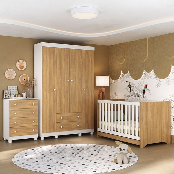 Quarto de Bebê Completo com Berço Americano 3 em 1 Allegra Multimóveis MP4586 Branco/Madeirado