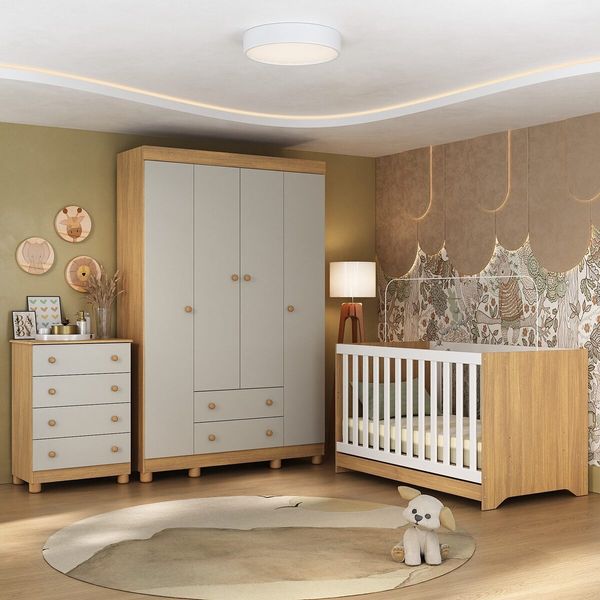 Quarto de Bebê Completo com Berço Americano 3 em 1 Allegra Multimóveis MP4586 Madeirado/Off White