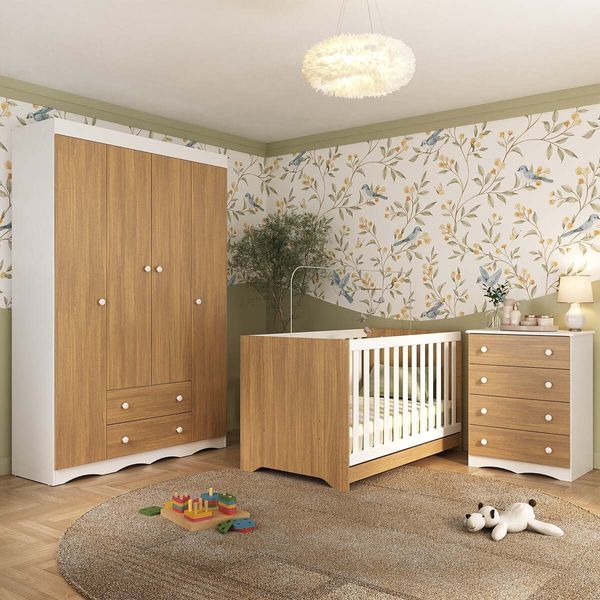 Quarto de Bebê Completo com Berço Americano 3 em 1 Realeza Multimóveis MP4587 Branco/Madeirado