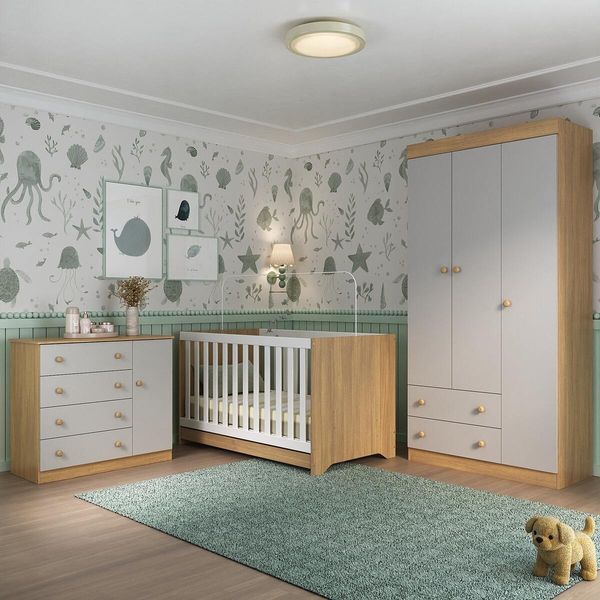 Quarto de Bebê Completo com Berço Americano 3 em 1 Encanto Multimóveis MP4589 Madeirado/Off White