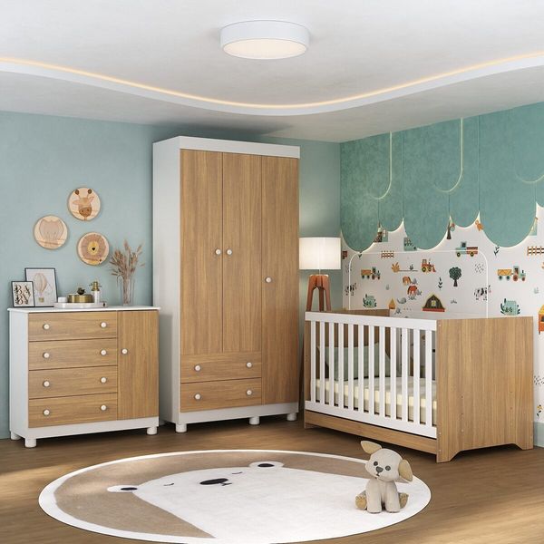 Quarto de Bebê Completo com Berço Americano 3 em 1 Allegra Multimóveis MP4590 Branco/Madeirado