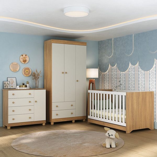 Quarto de Bebê Completo com Berço Americano 3 em 1 Allegra Multimóveis MP4590 Madeirado/Off White