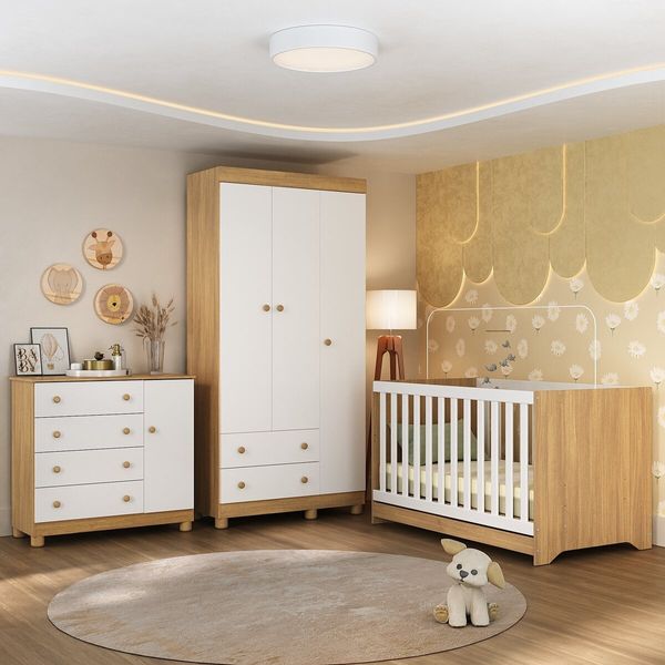 Quarto de Bebê Completo com Berço Americano 3 em 1 Allegra Multimóveis MP4590 Madeirado/Branco