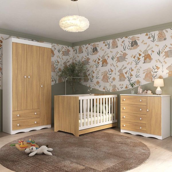 Quarto de Bebê Completo com Berço Americano 3 em 1 Realeza Multimóveis MP4591 Branco/Madeirado